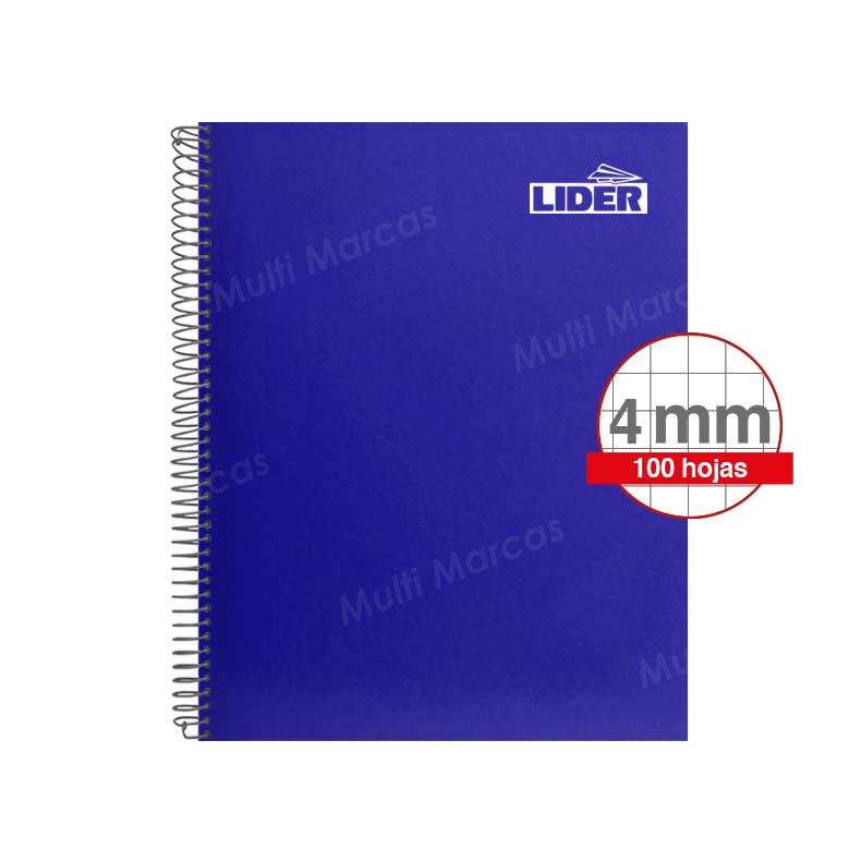 Cuaderno Espiral Metálico Medio 1/2 Oficio LIDER Color Pleno 100 Hojas Cuadricula Intermedia 4mm Elba