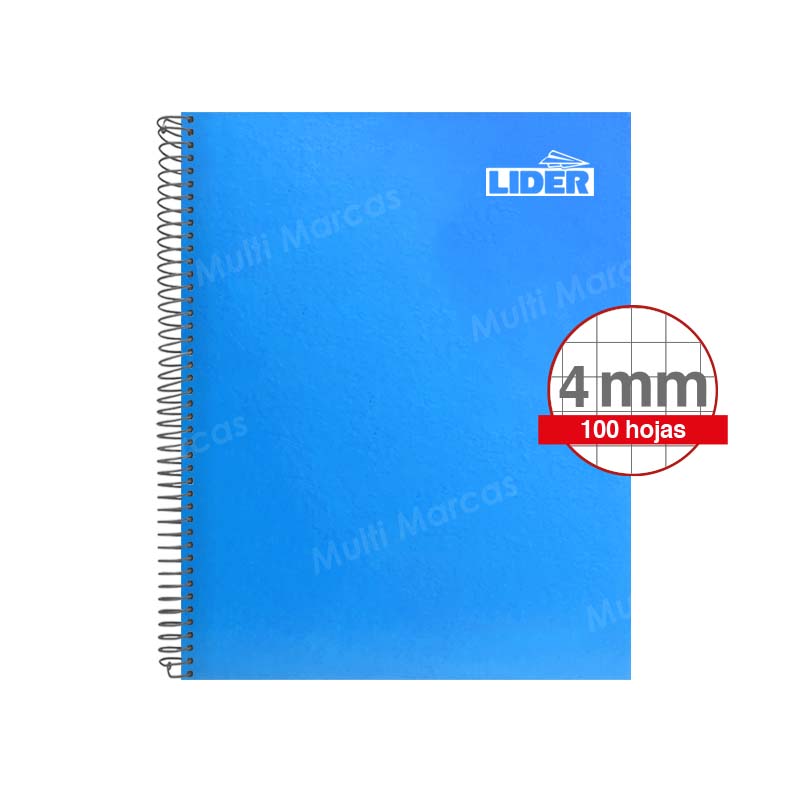 Cuaderno Espiral Metálico Medio 1/2 Oficio LIDER Color Pleno 100 Hojas Cuadricula Intermedia 4mm Elba