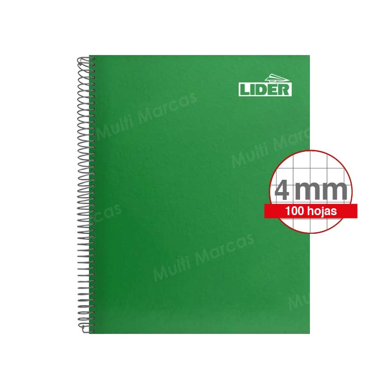 Cuaderno Espiral Metálico Medio 1/2 Oficio LIDER Color Pleno 100 Hojas Cuadricula Intermedia 4mm Elba