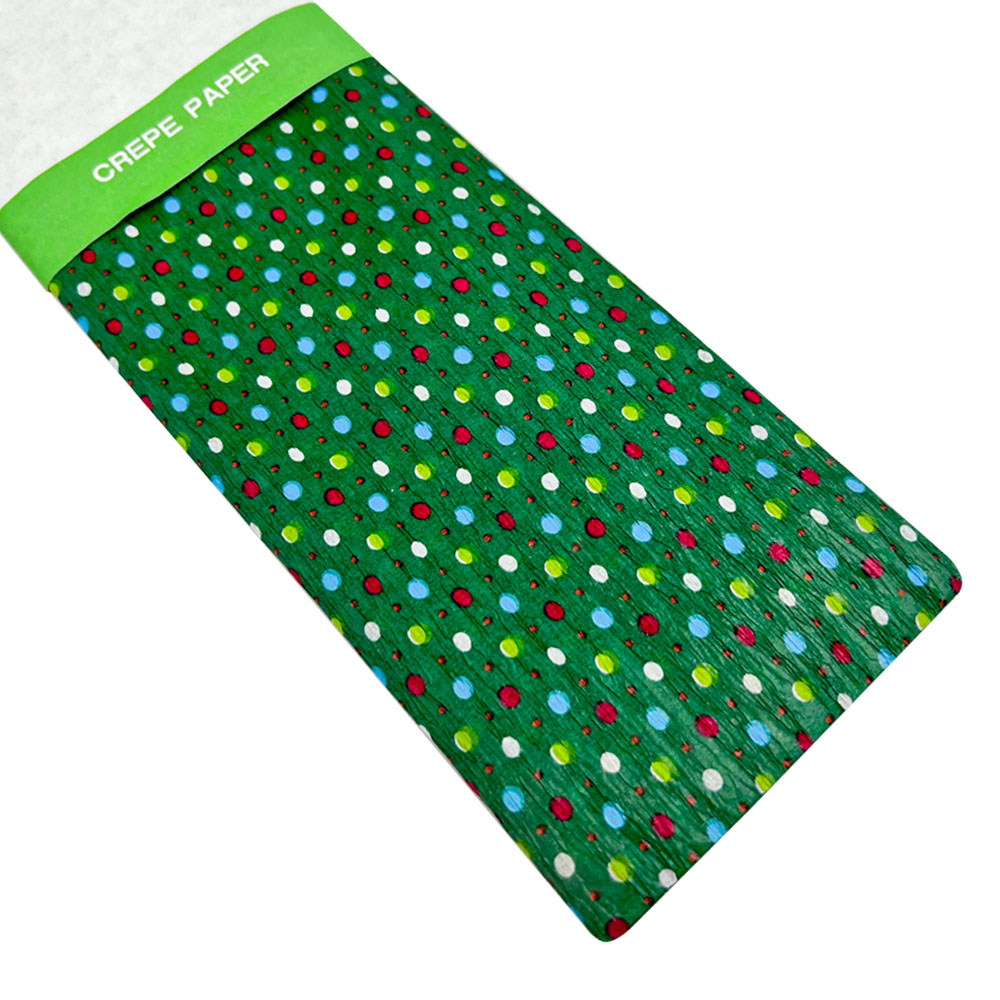 Rollo de Papel Crepé (50 x 150 cm) con patrón Punteado de Colores fondo Verde