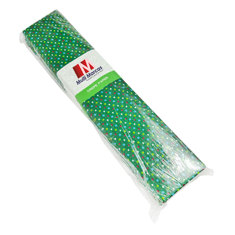 Rollo de Papel Crepé (50 x 150 cm) con patrón Punteado de Colores fondo Verde