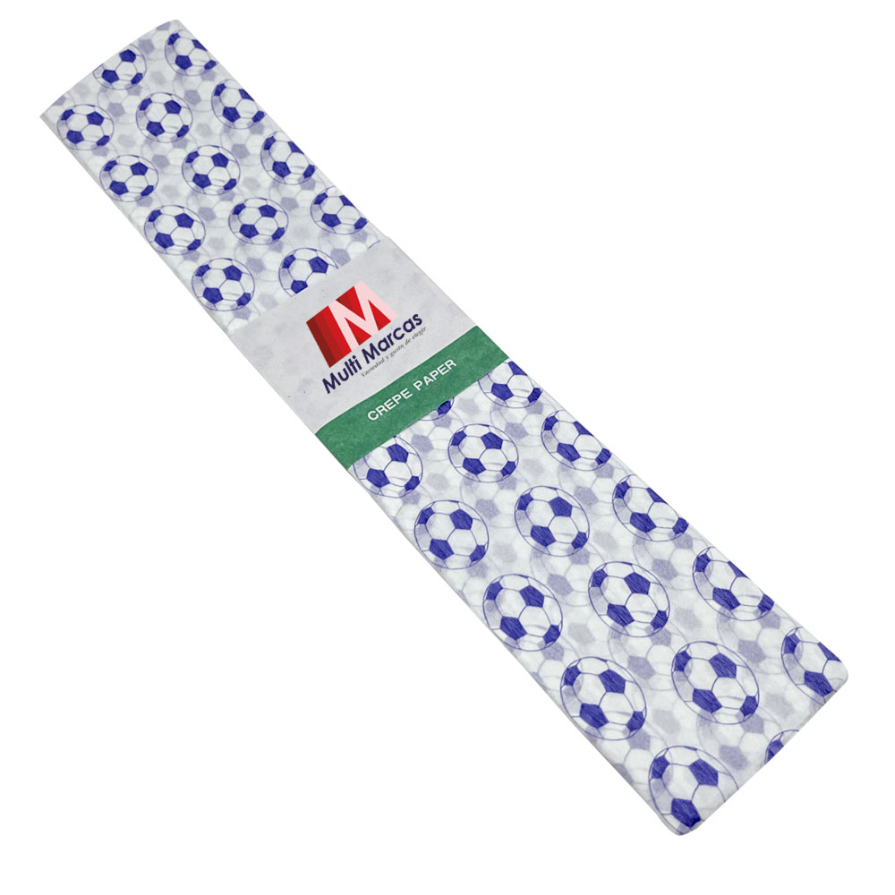 Rollo de Papel Crepé (50 x 150 cm) con patrón de pelotas de fútbol azul oscuro