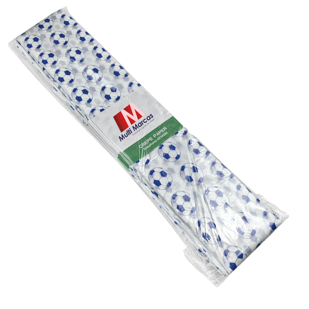 Rollo de Papel Crepé (50 x 150 cm) con patrón de pelotas de fútbol azul oscuro