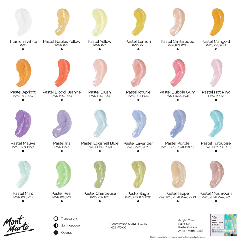 Set de 24 Pinturas Acrílicas Colores Pasteles Con Botes de 36ml - MSCP2436 - MONT MARTE