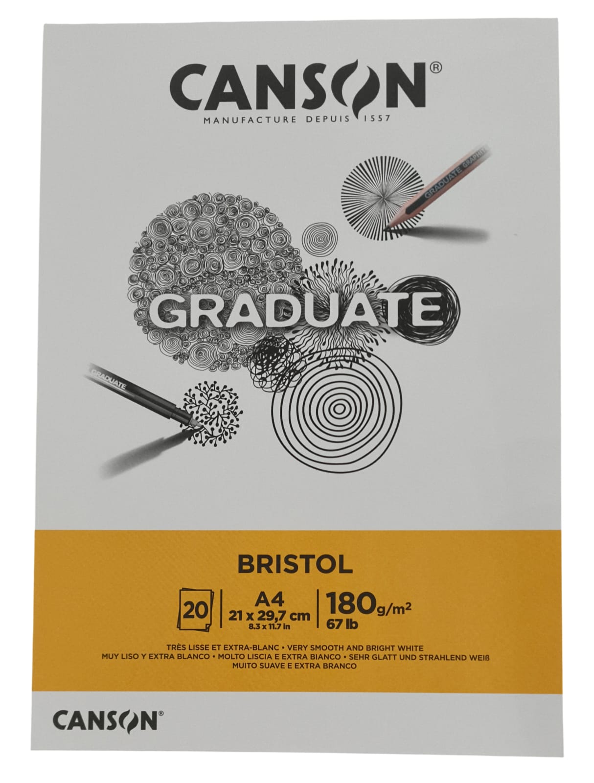 Block de Papel para Ilustración CANSON GRADUATE BRISTOL con 20 Hojas de 180 g/m² Tamaño A4 - CANSON