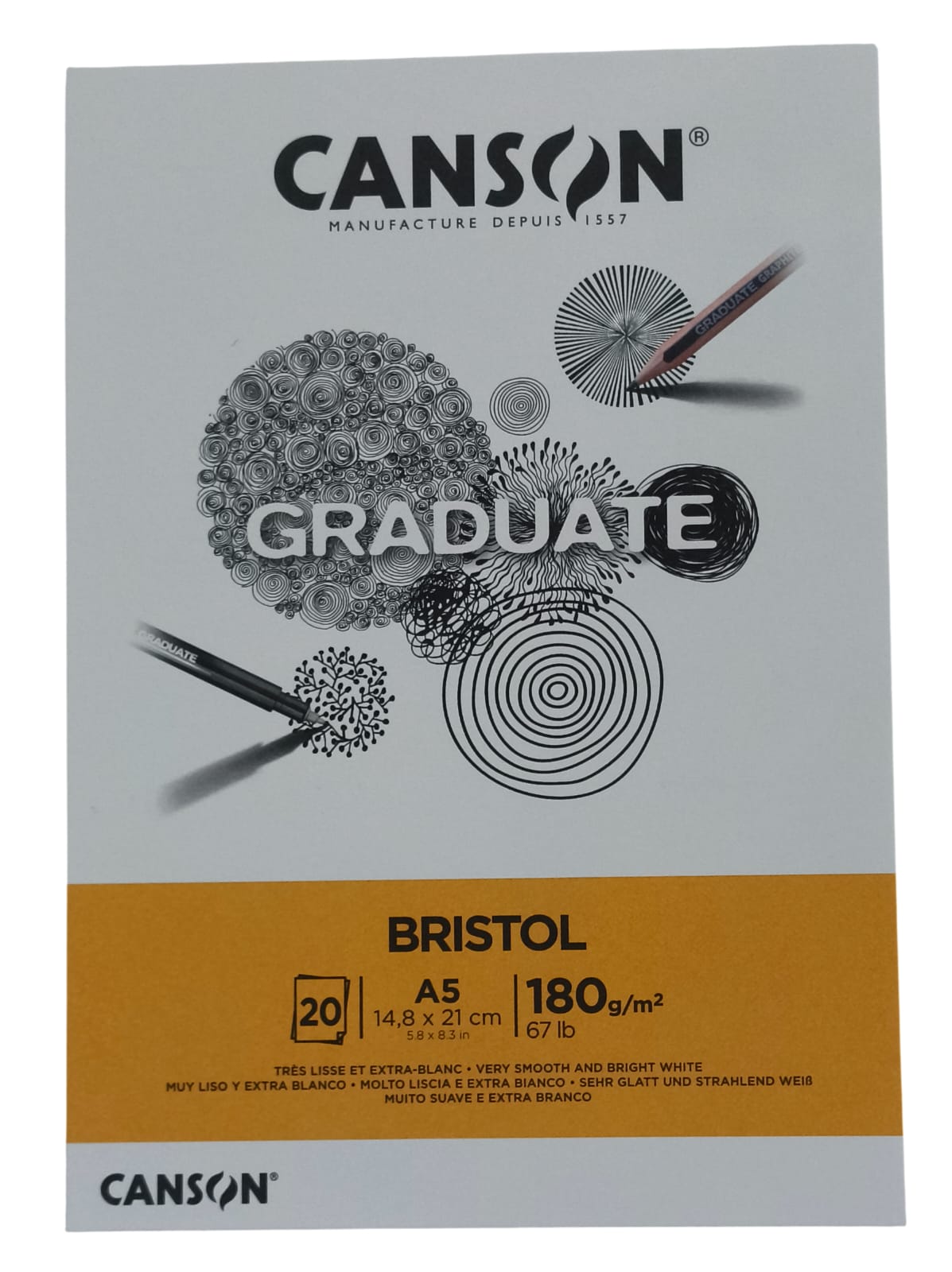 Block de Papel para Ilustración CANSON GRADUATE BRISTOL con 20 Hojas de 180 g/m² Tamaño A5 - CANSON