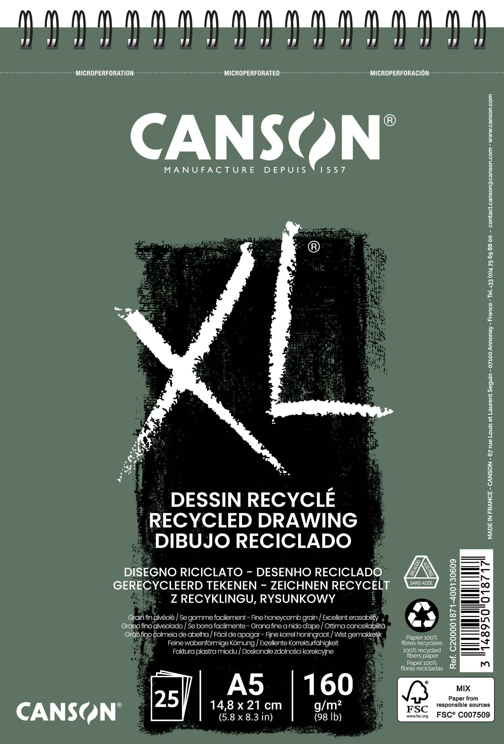 Block de Papel de Dibujo - CANSON RECYCLÉ RECYCLD EDRAWING DIBUJO XL- Tamaño A5 con 25 Hojas de 160 g/m² - CANSON