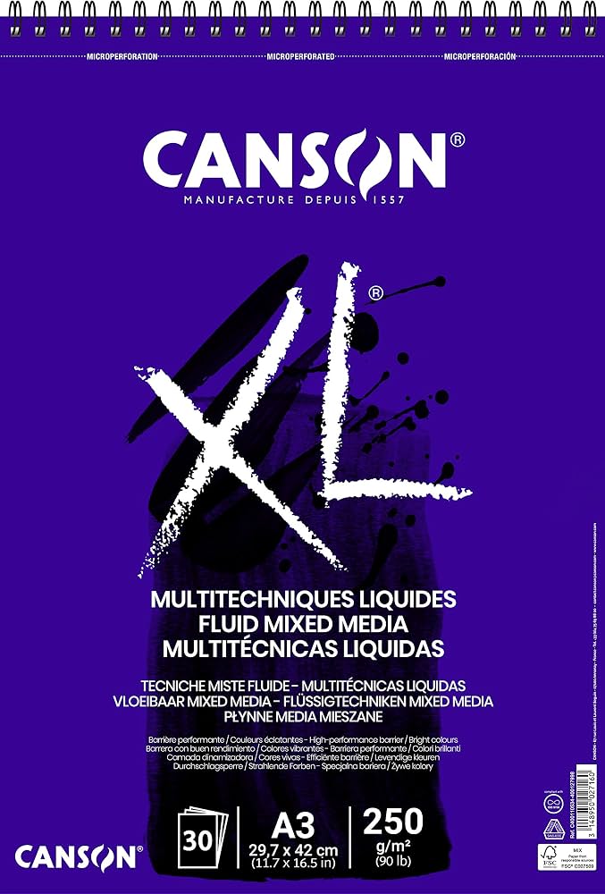 Block de Papel de Dibujo - CANSON MULTITECHNIQUES LIQUIDES FLUID MIXED MEDIA XL SMOOTH- Tamaño A3 con 30Hojas de 250 g/m² - CANSON