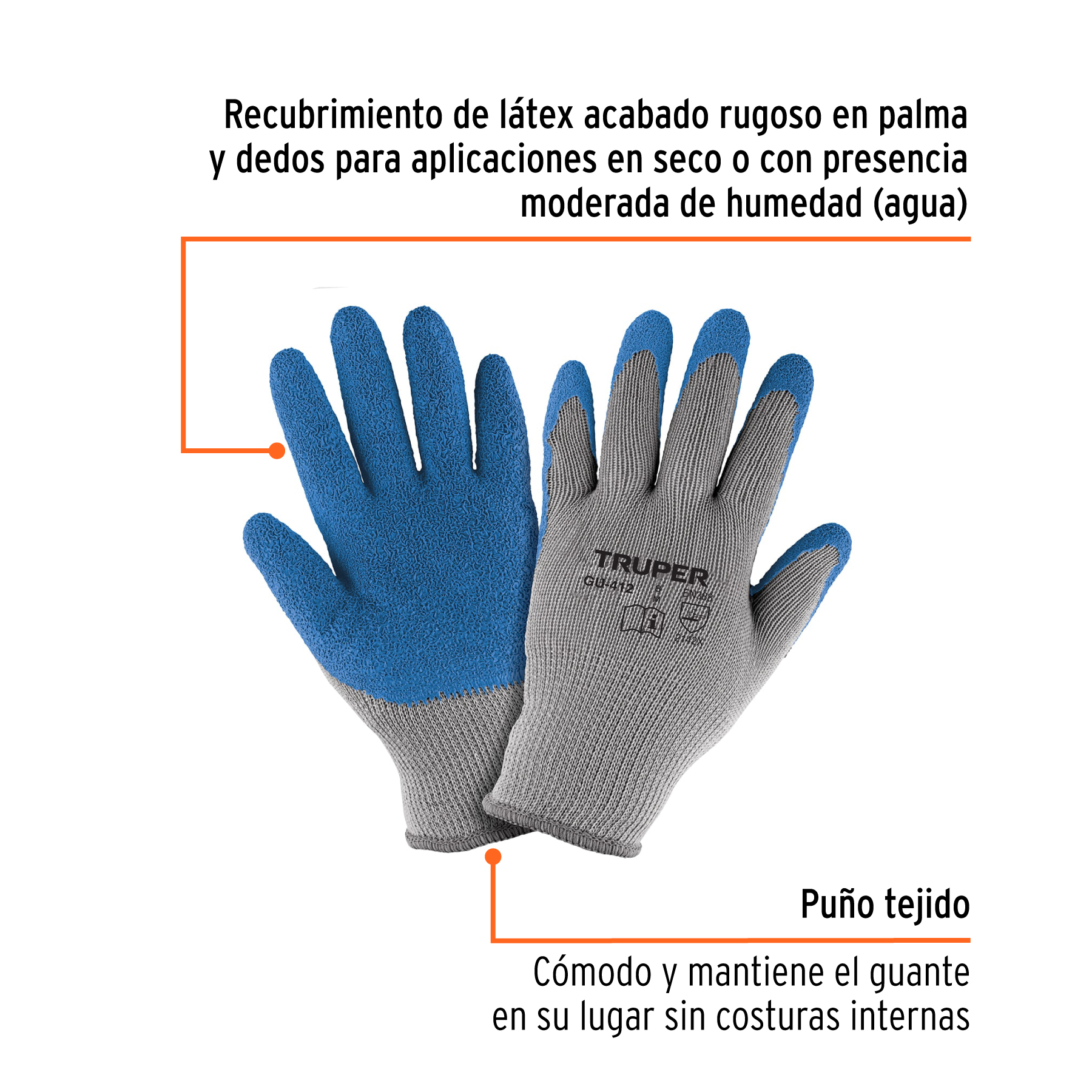 Guantes Multipropósito de Poliéster con Recubrimiento de Látex Rugoso, Talla S - TRUPER