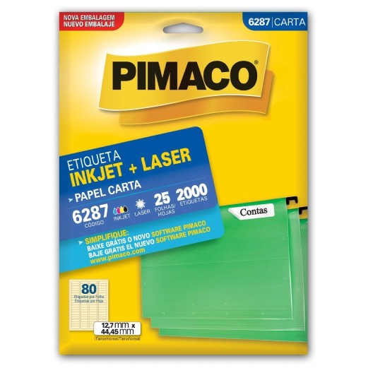Paquete de 2000 Etiquetas Adhesivas Tamaño 12,7 mm x 44,45 mm. de Uso Manual e Impresora InkJet (Inyección a Tinta Líquida) y Laser, Hojas Tamaño Carta - 6287 - PIMACO